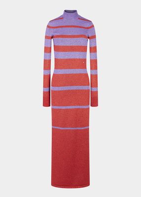 Metallic Stripe Knit High-Neck Maxi Dress