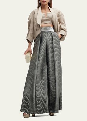 Metallic Trapeze-Leg Trousers with Pleated Front