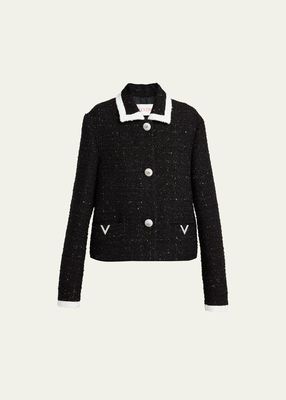 Metallic Tweed Contrast-Trim Collared Blazer Jacket