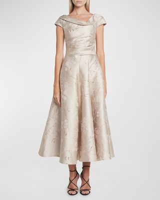 Metallic Twig And Bloom Jacquard Cap-Sleeve Tea-Length Dress