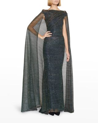 Metallic Voile Strong Shoulder Cape Gown