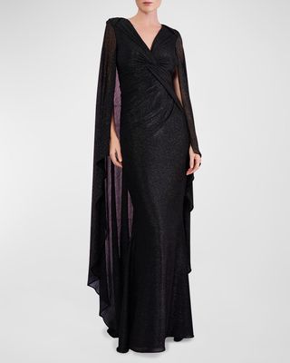 Metallic Voile Twisted V-Neck Cape Gown