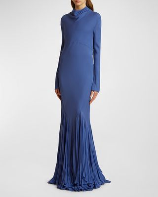 Metin Cowl-Neck Long-Sleeve Pleated Mermaid Gown