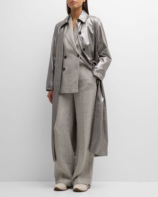 Mettallic Leather Belted Long Trench Coat