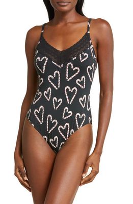 MeUndies Feel Free Lace Trim Bodysuit in Candy Cane Love