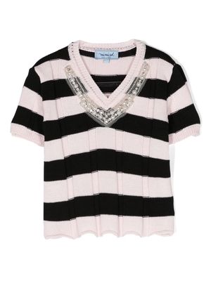 Mi Mi Sol embellished-neckline striped top - Black