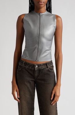 Miaou Aisha Sleeveless Front Zip Latex Crop Top in Iron