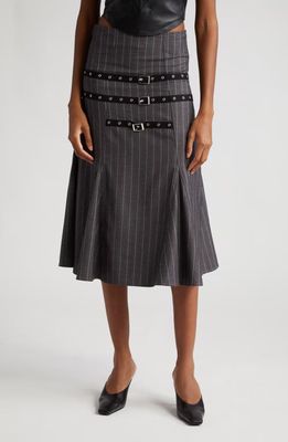 Miaou Alma Pinstripe Buckle Strap Skirt in Dark Gray Stripe