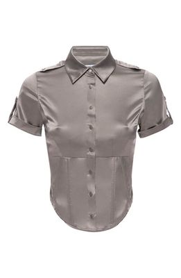 Miaou Max Corset Stretch Satin Snap-Up Shirt in Silver