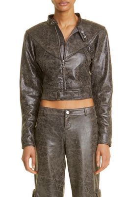 MIAOU Vaughn Crop Distressed Faux Leather Jacket in Varnish Printed Suede
