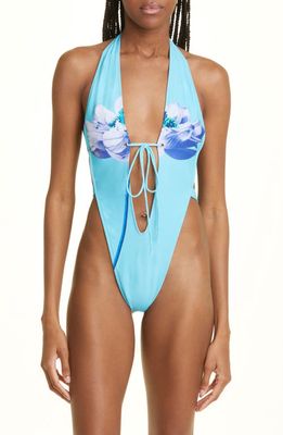 Miaou Veda Plunge One-Piece Thong Swimsuit in Blue Lotus