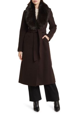 Michael Kors Belted Longline Wool Blend Coat with Faux Fur Collar in Chocolate