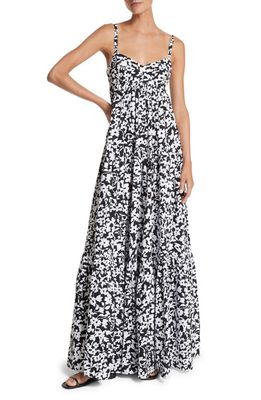 Michael Kors Collection Floral Print Tiered Cotton Poplin Maxi Dress in Black/Optic White