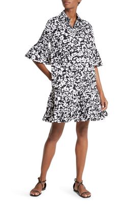 Michael Kors Collection Floral Print Tiered Cotton Poplin Shirtdress in Black/Optic White