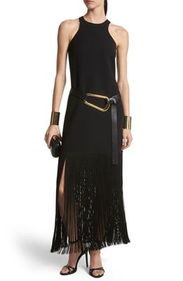Michael Kors Collection Fringe Sleeveless Wool Crepe Dress in 001 Black