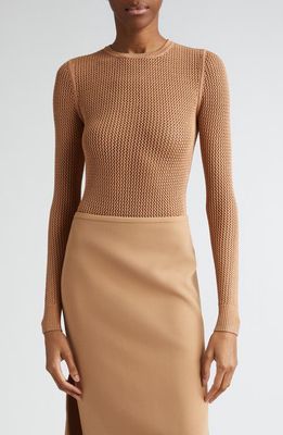 Michael Kors Collection Long Sleeve Knit Mesh Bodysuit in Suntan