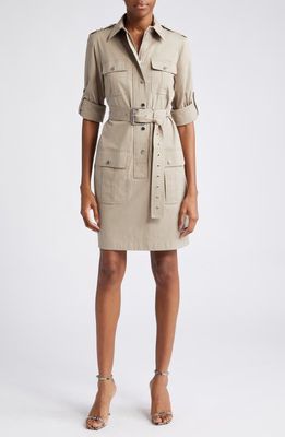 Michael Kors Collection Organic Cotton Stretch Poplin Belted Cargo Shirtdress in Taupe