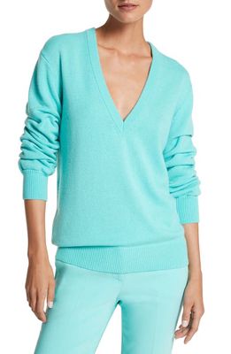 Michael Kors Collection Ruched Sleeve Cashmere V-Neck Sweater in Seafoam