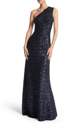 Michael Kors Collection Sequin One Shoulder A-Line Gown in Navy