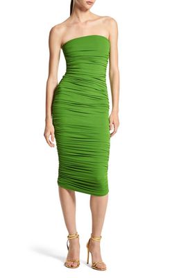 Michael Kors Collection Strapless Ruched Jersey Midi Dress in 312 Palm