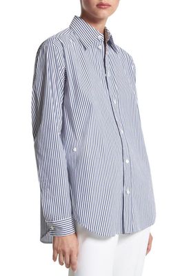 Michael Kors Collection Stripe Side Button Cotton Blend Shirt in 416 Navy/optic White Classic