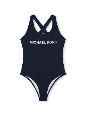 Michael Kors Kids logo-lettering high-cut swimsuit - Blue