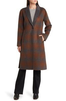 Michael Kors Notch Collar Wool Blend Longline Coat in Brown Grey Plaid