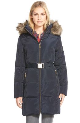 MICHAEL Michael Kors Faux Fur Trim Belted Down & Feather Fill Parka in Navy