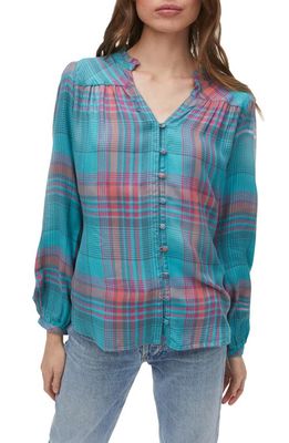 Michael Stars Issa Plaid Blouse in Bright Teal Combo
