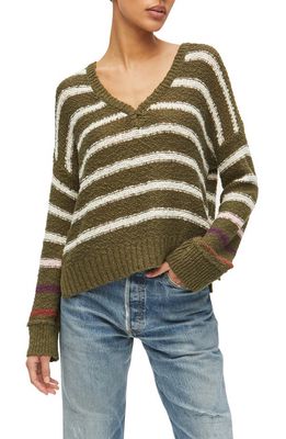 Michael Stars Janie V-Neck Cotton Sweater in Olive Stripe Combo