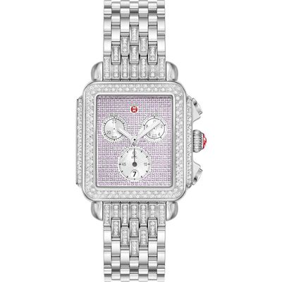 MICHELE Deco Diamond & Pink Sapphire Bracelet Chronograph Watch, 35mm in Silver 