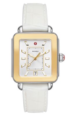 MICHELE Deco Sport Silicone Strap Watch, 34mm x 36mm in White/Silver Sunray/Gold 