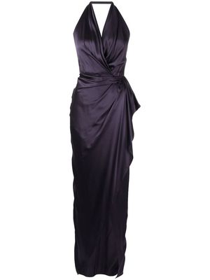 Michelle Mason satin backless halter-neck gown - Purple