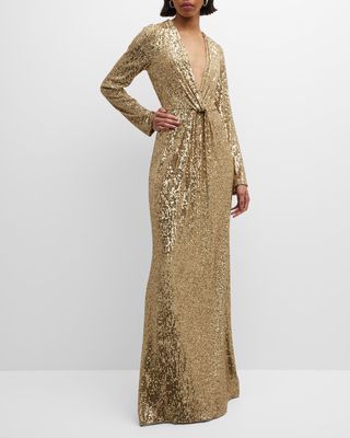 Micro Sequin Plunging Knotted Long-Sleeve Gown