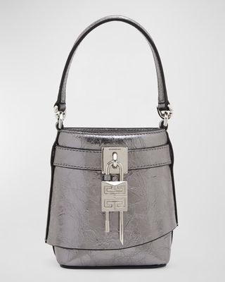 Micro Shark Lock Bucket Bag in Crinkled Metallic Leather