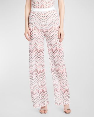 Mid-Rise Chevron Pointelle Knit Straight-Leg Pull-On Trousers