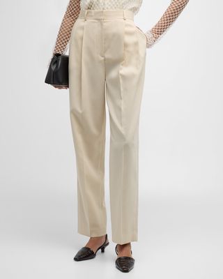 Mid-Rise Double-Pleated Straight-Leg Tailored Trousers