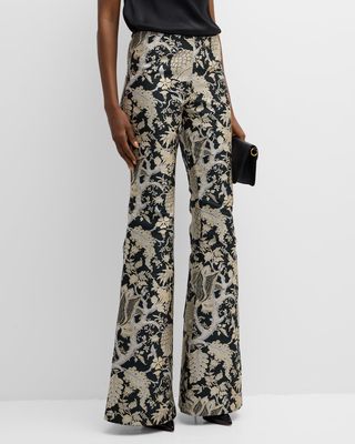 Mid-Rise Flared Brocade Pants