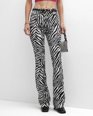 Mid-Rise Flared Zebra Velvet Trousers
