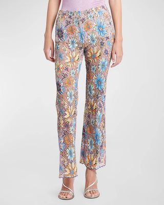Mid-Rise Floral Embroidered Lace Flare Ankle Pants