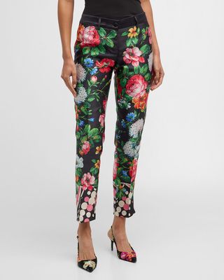 Mid-Rise Floral-Print Slim-Leg Ankle Silk Pants