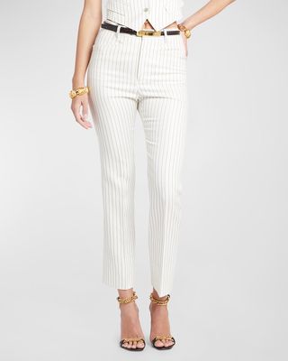 Mid-Rise Pinstripe Straight-Leg Ankle Tailored Pants