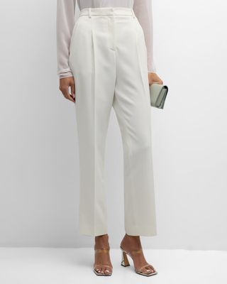 Mid-Rise Pleated Relaxed Straight-Leg Ankle Matte Crepe Trousers