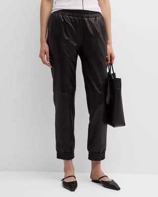 Mid-Rise Plongé Leather Straight-Leg Ankle Pull-On Joggers