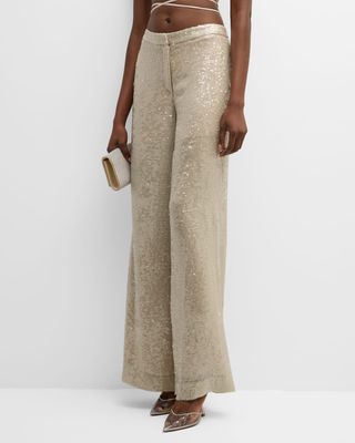 Mid-Rise Sequin Viscose Relaxed Wide-Leg Trousers