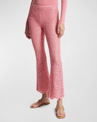 Mid-Rise Sequined Floral Lace Bootcut-Leg Cropped Pants