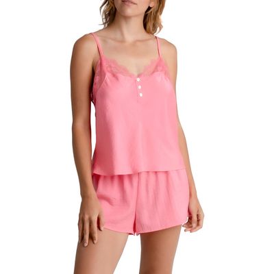 Midnight Bakery Elsie Lace Trim Hammered Satin Short Pajamas in Pink 