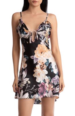 Midnight Bakery Lyric Floral Ruffle Trim Tie Front Satin Chemise in Moody Blooms/Black