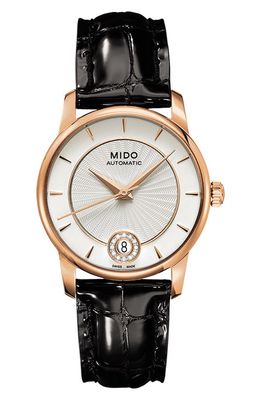 MIDO Baroncelli Diamond Automatic Leather Strap Watch, 33mm in Silver/Black 