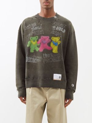 Mihara Yasuhiro - Bear-print Distressed Cotton-jersey Sweatshirt - Mens - Black